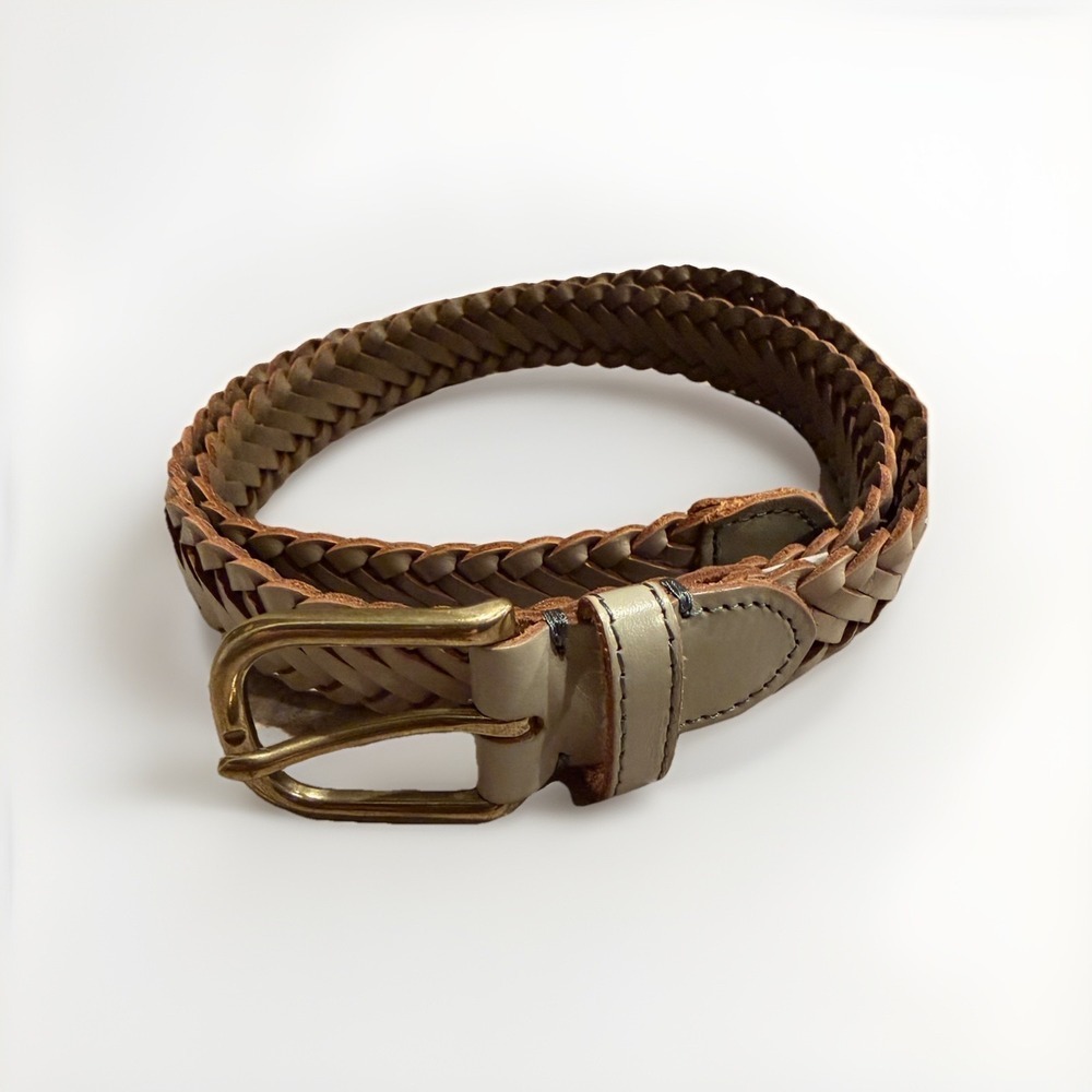 J Crew Woven Braided Belt Taupe Leather Trim Brass Buckle 90s Classic Size S/M